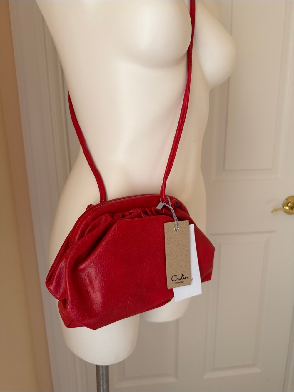 Red Gathered Non Leather Crossbody Bag